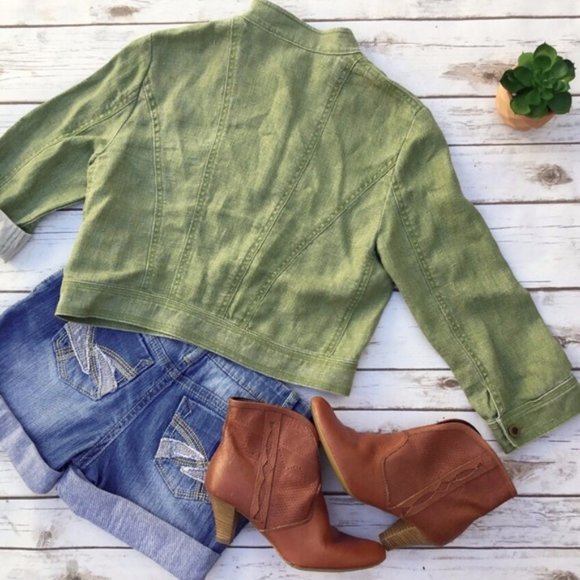 Kenneth Cole Reaction Green Cropped Linen Jacket - Picture 2 of 8